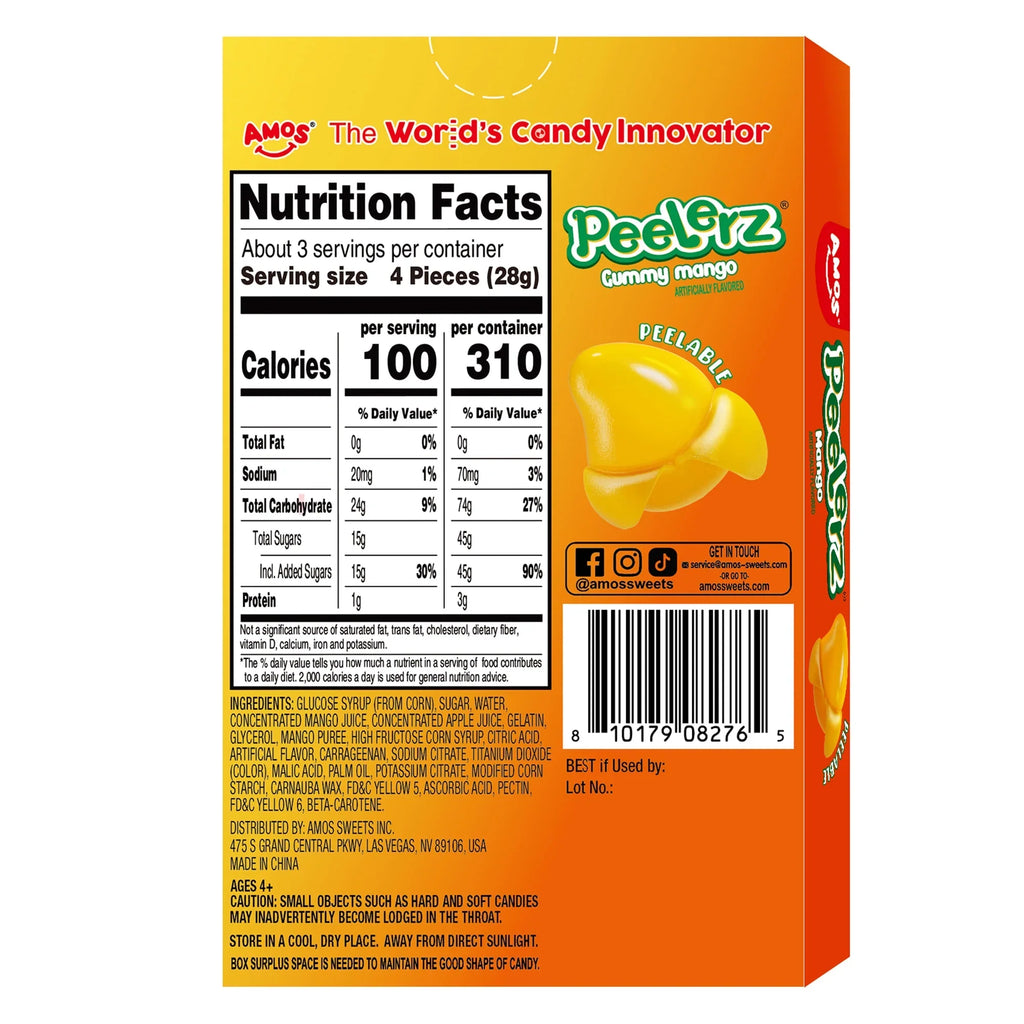 AMOS Peelerz Mango Gummies Peelable Gummy Candy with Real Mango Juice, 3 oz