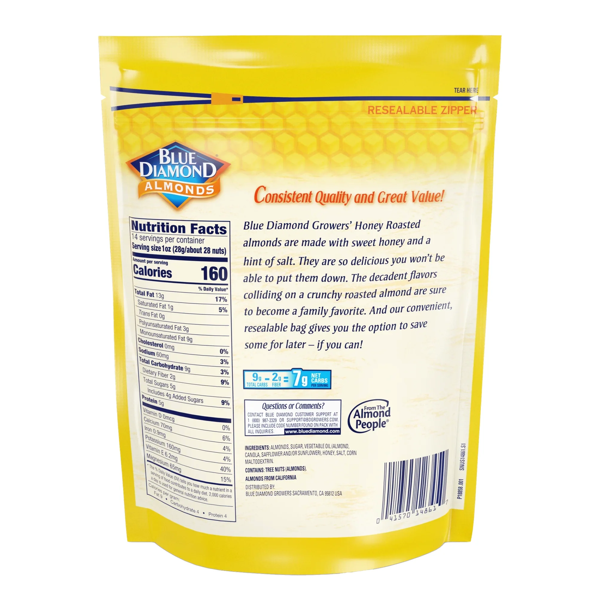 Blue Diamond Almonds Honey Roasted, 14oz. - Back