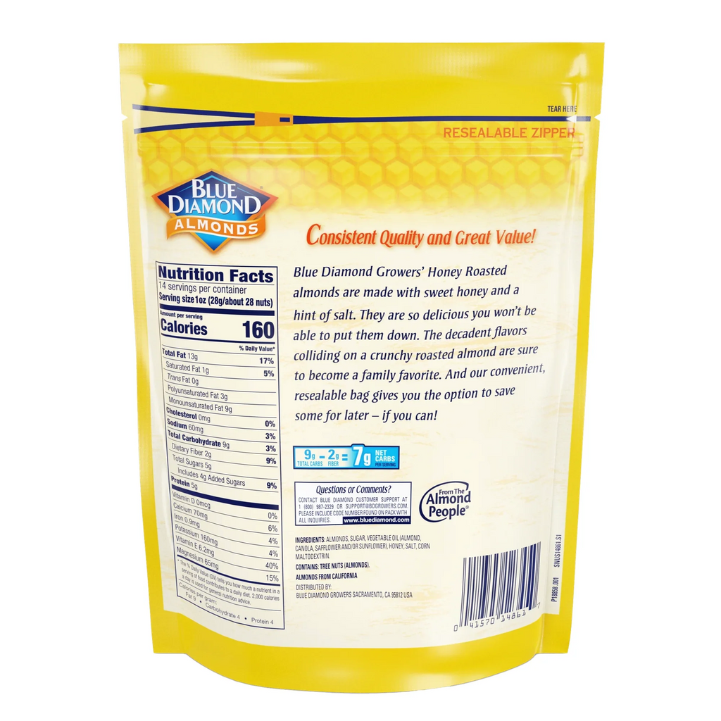 Blue Diamond Almonds Honey Roasted, 14oz. - Back