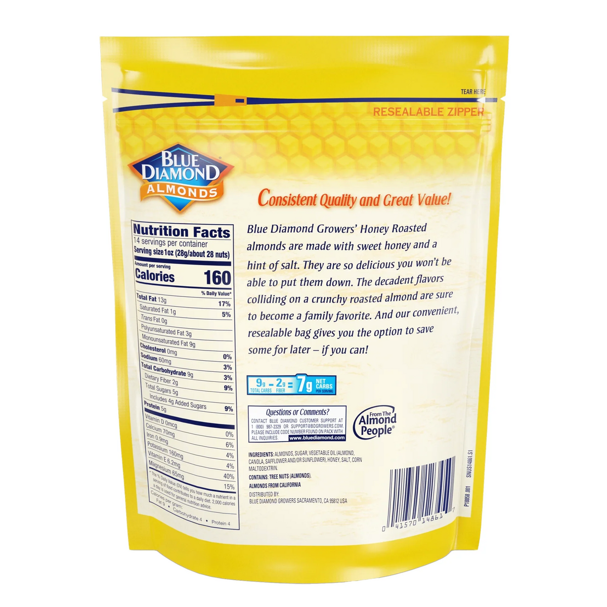 Blue Diamond Almonds Honey Roasted, 14oz. - Back
