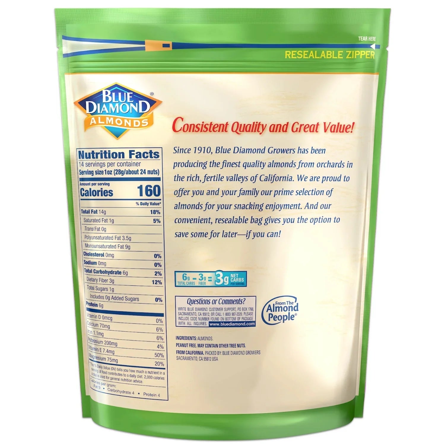 Blue Diamond Almonds Whole Natural, 14oz. - Back