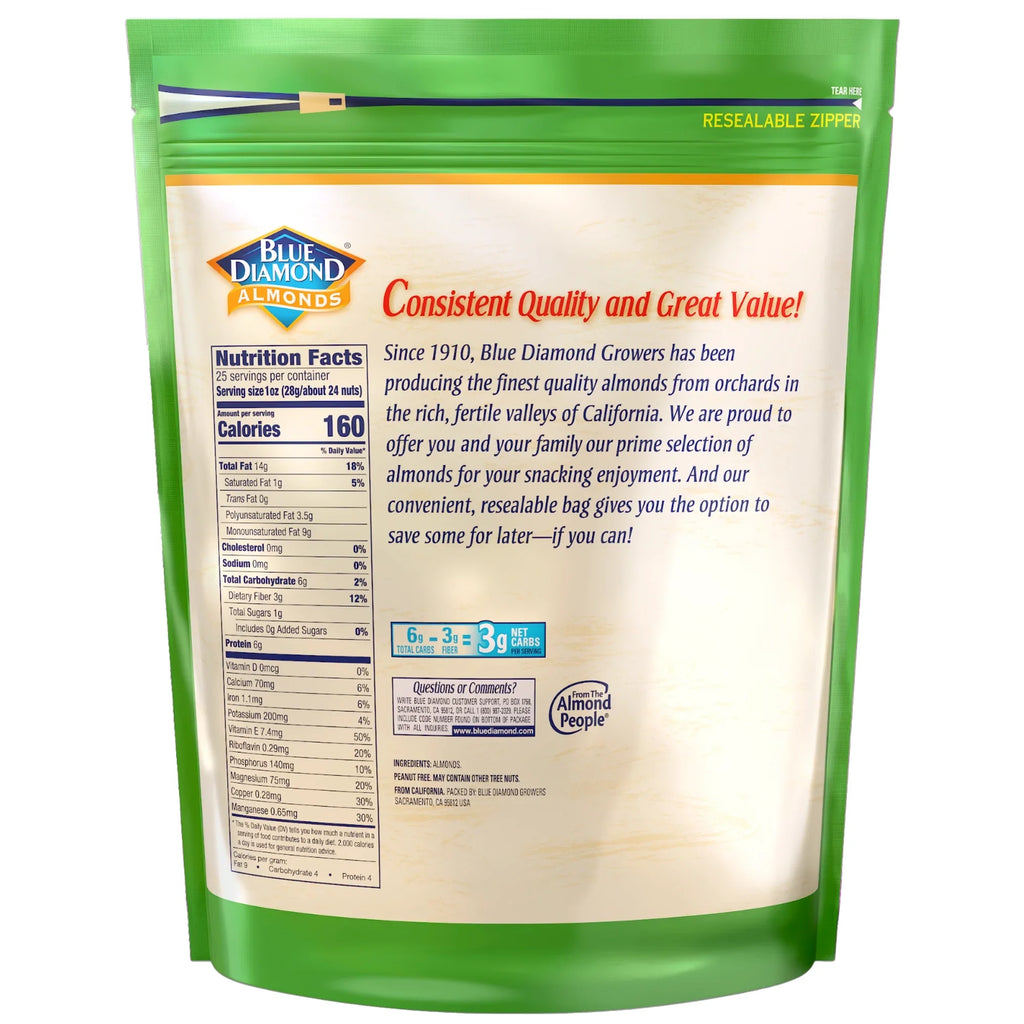 Blue Diamond Almonds Whole Natural, 25oz. - Back