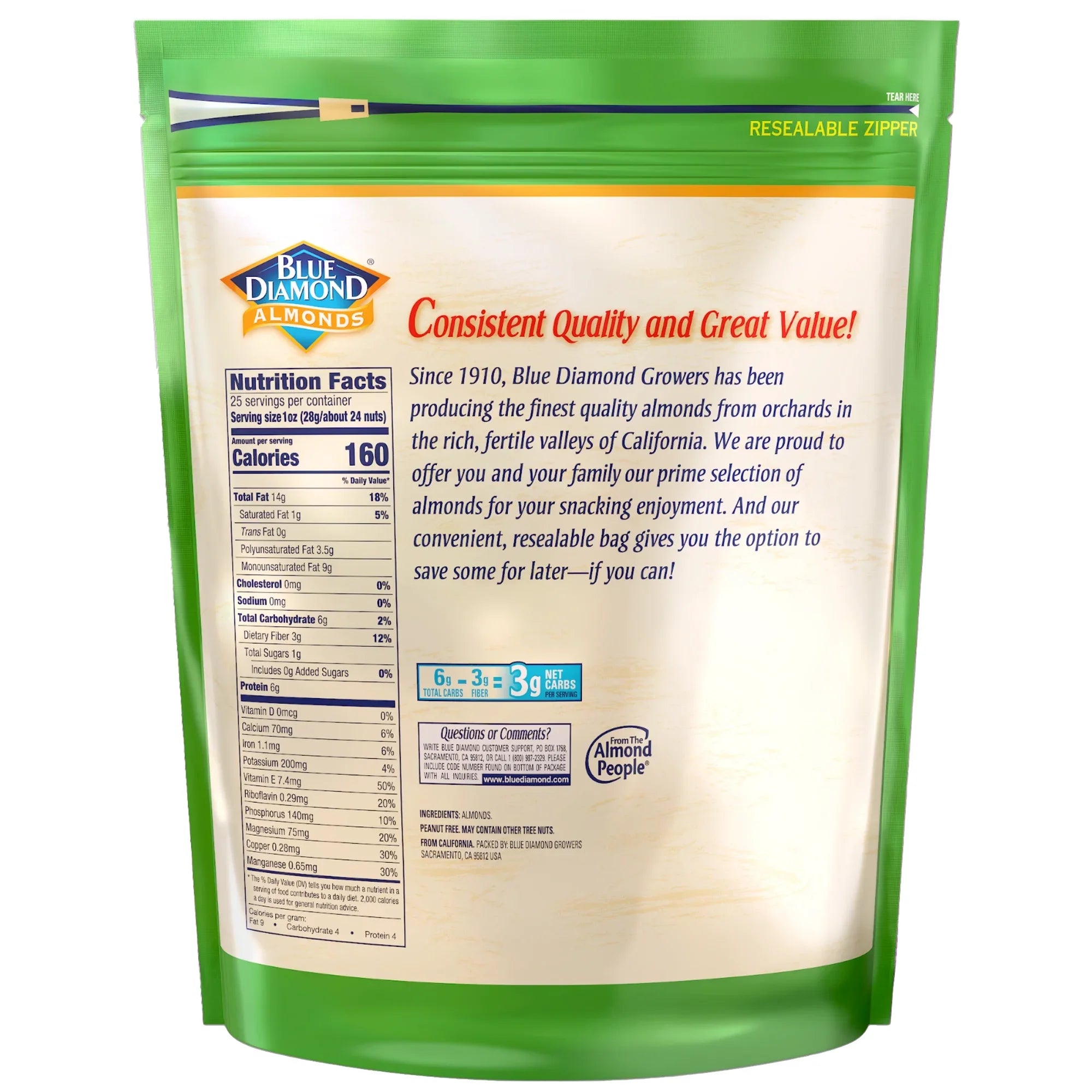 Blue Diamond Almonds Whole Natural, 25oz. - Back
