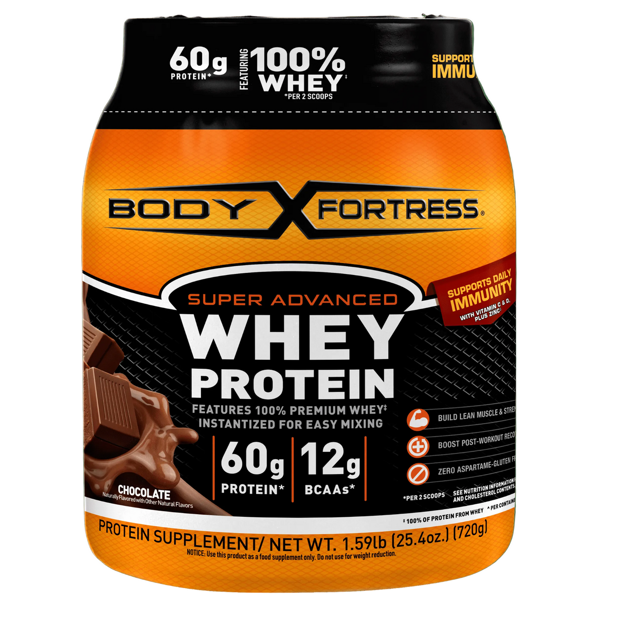 Body Fortress Super Advanced Whey Protein Powder, Chocolate, 60g Protein, Vitamins C & D Plus Zinc, 1.59 lb