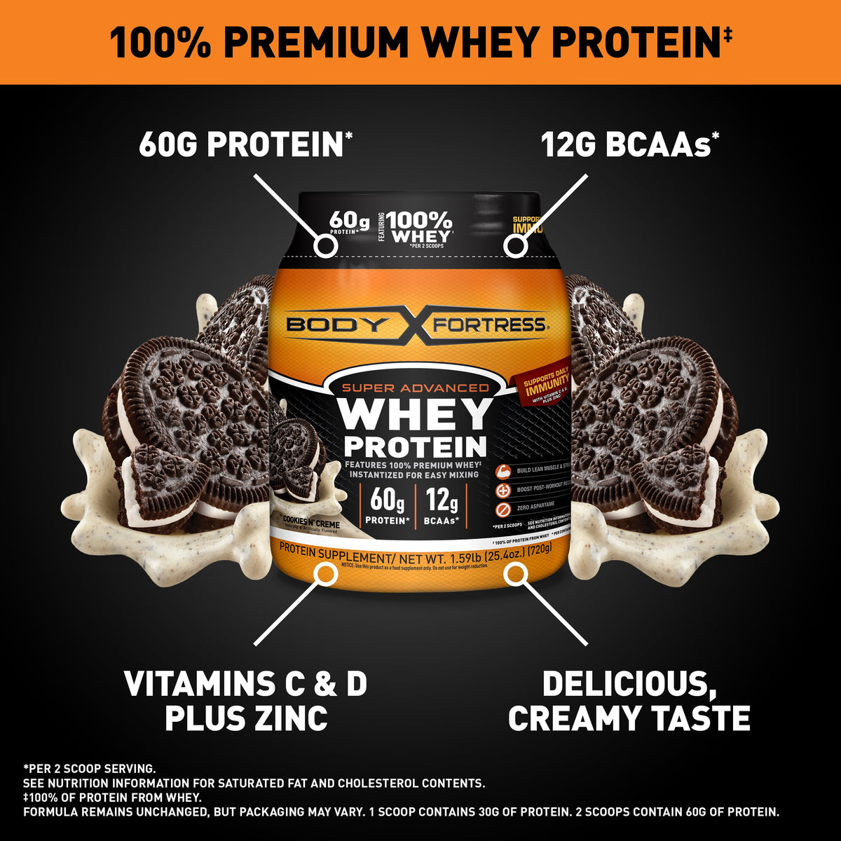 Body Fortress Super Advanced Whey Protein Powder, Cookies and Cream, 60g Protein, Vitamins C & D Plus Zinc, 1.59 lb