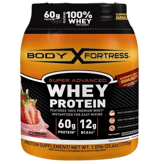 Body Fortress Super Advanced Whey Protein Powder, Strawberry, 60g Protein, Vitamins C & D Plus Zinc, 1.59 lb