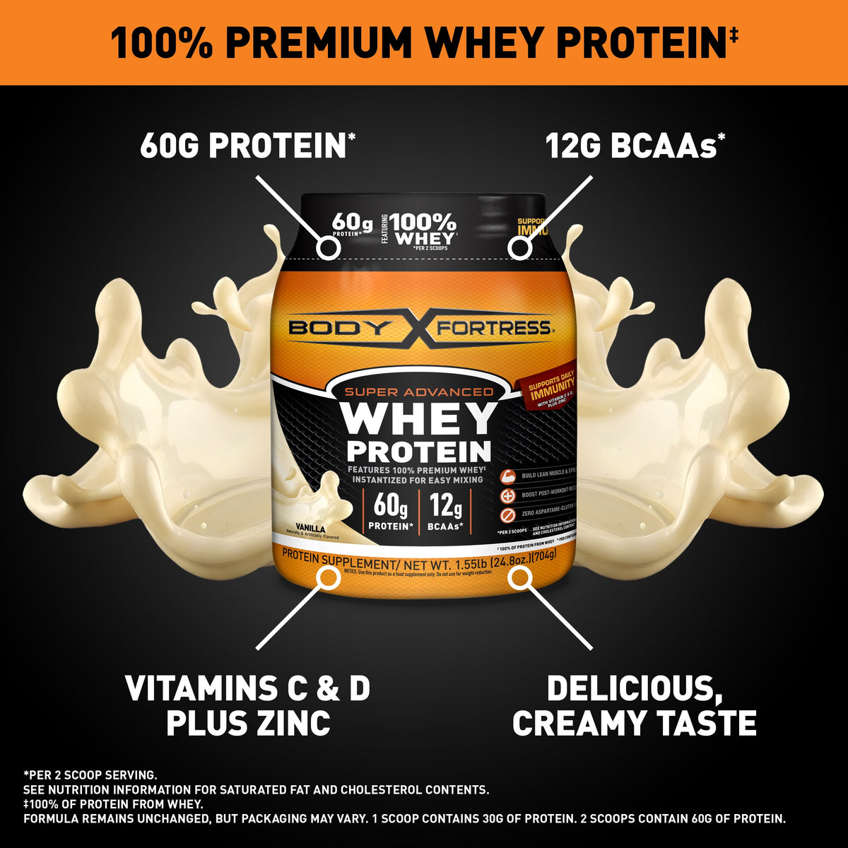 Body Fortress Super Advanced Whey Protein Powder, Vanilla, 60g Protein, Vitamins C & D Plus Zinc, 1.55 lb
