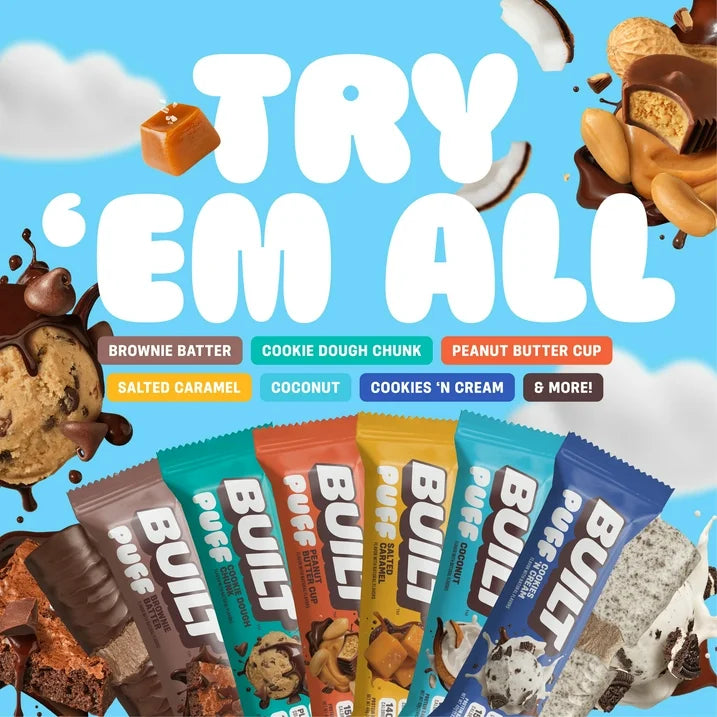BUILT Puff Protein Bar, Brownie Batter, 17g Protein, Collagen, 140 Calories, 8 Count Box, 1.41 oz Bars