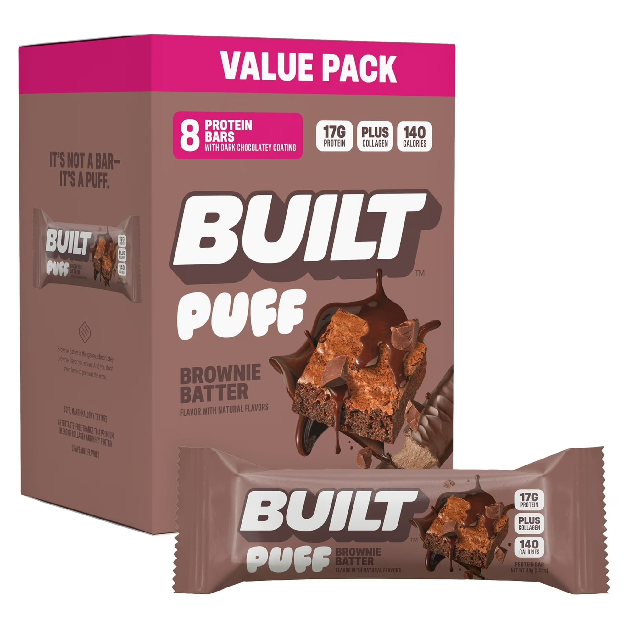BUILT Puff Protein Bar, Brownie Batter, 17g Protein, Collagen, 8 Count 1.41 oz Bars