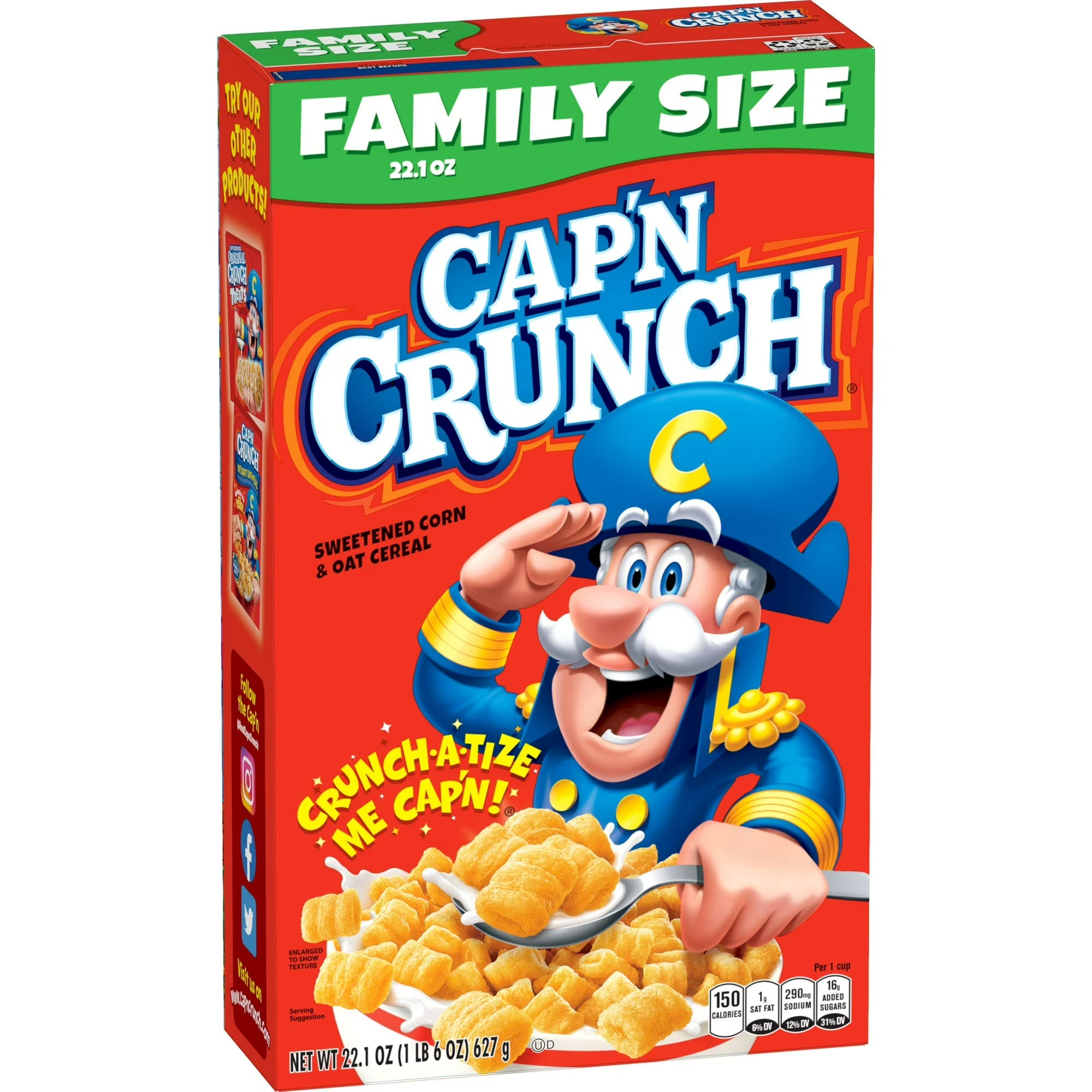Cap'n Crunch Sweetened Corn Oat Cereal, Kosher, 22.1 oz