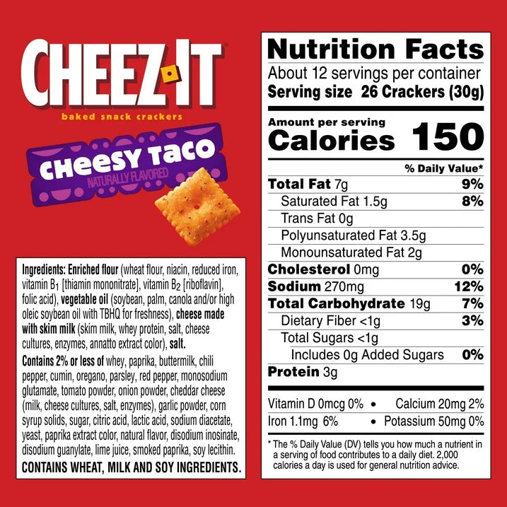 Cheez-It Cheesy Taco Baked Snack Crackers, Lunch Snacks, 12.4 oz