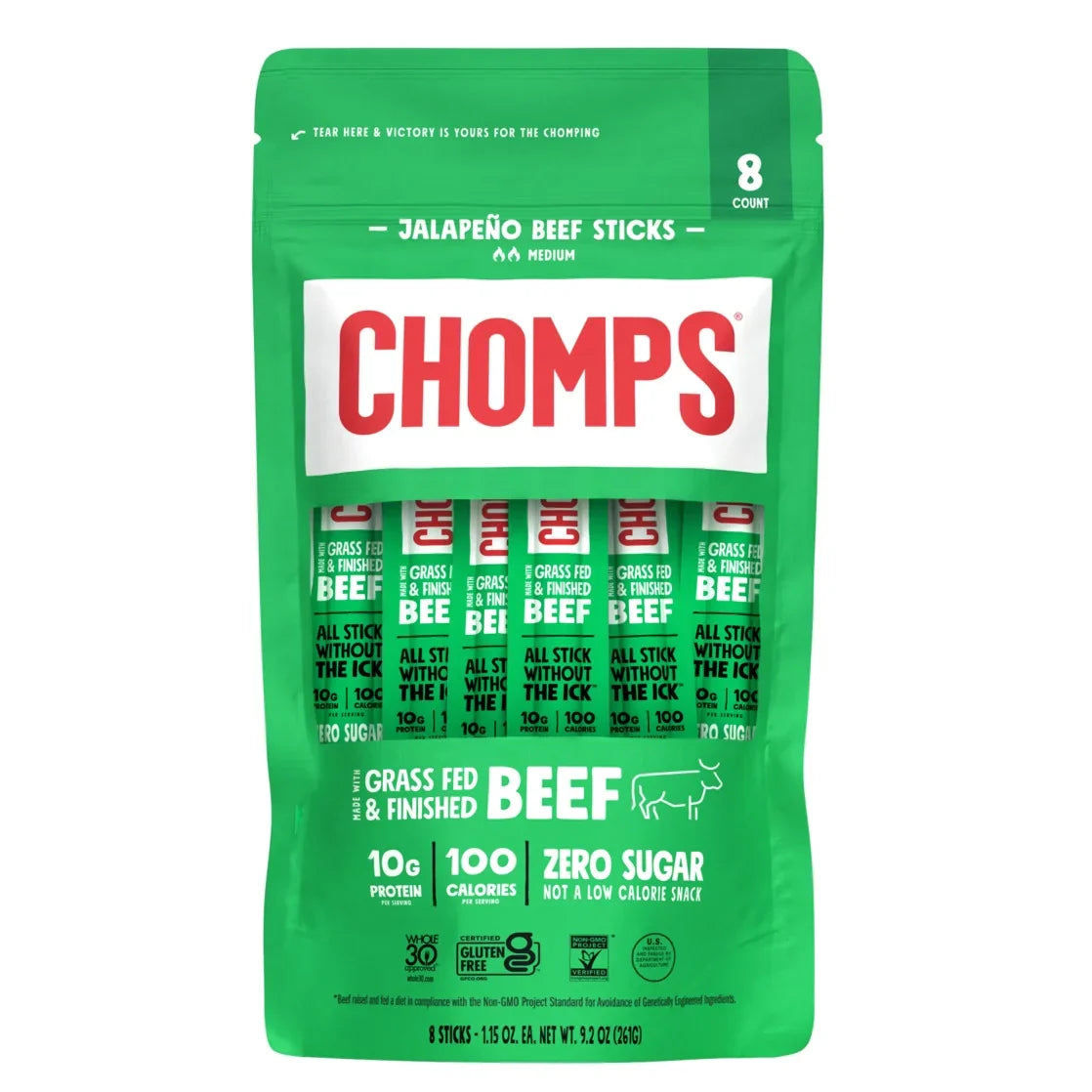 Chomps Grass-Fed and Finished Jalapeño Beef Jerky Snack Sticks, 10g of Protein, 8 Count - 4 pack