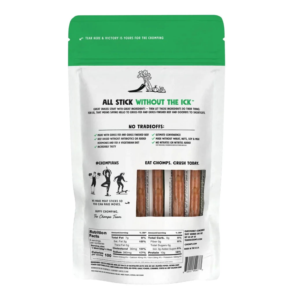 Chomps Grass-Fed and Finished Jalapeño Beef Jerky Snack Sticks, 10g of Protein, 8 Count - 4 pack