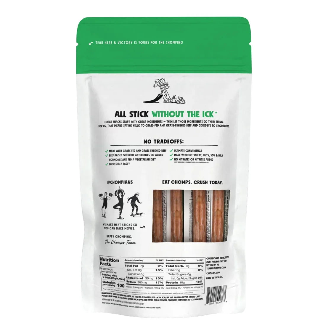 Chomps Grass-Fed and Finished Jalapeño Beef Jerky Snack Sticks, 10g of Protein, 8 Count - 4 pack