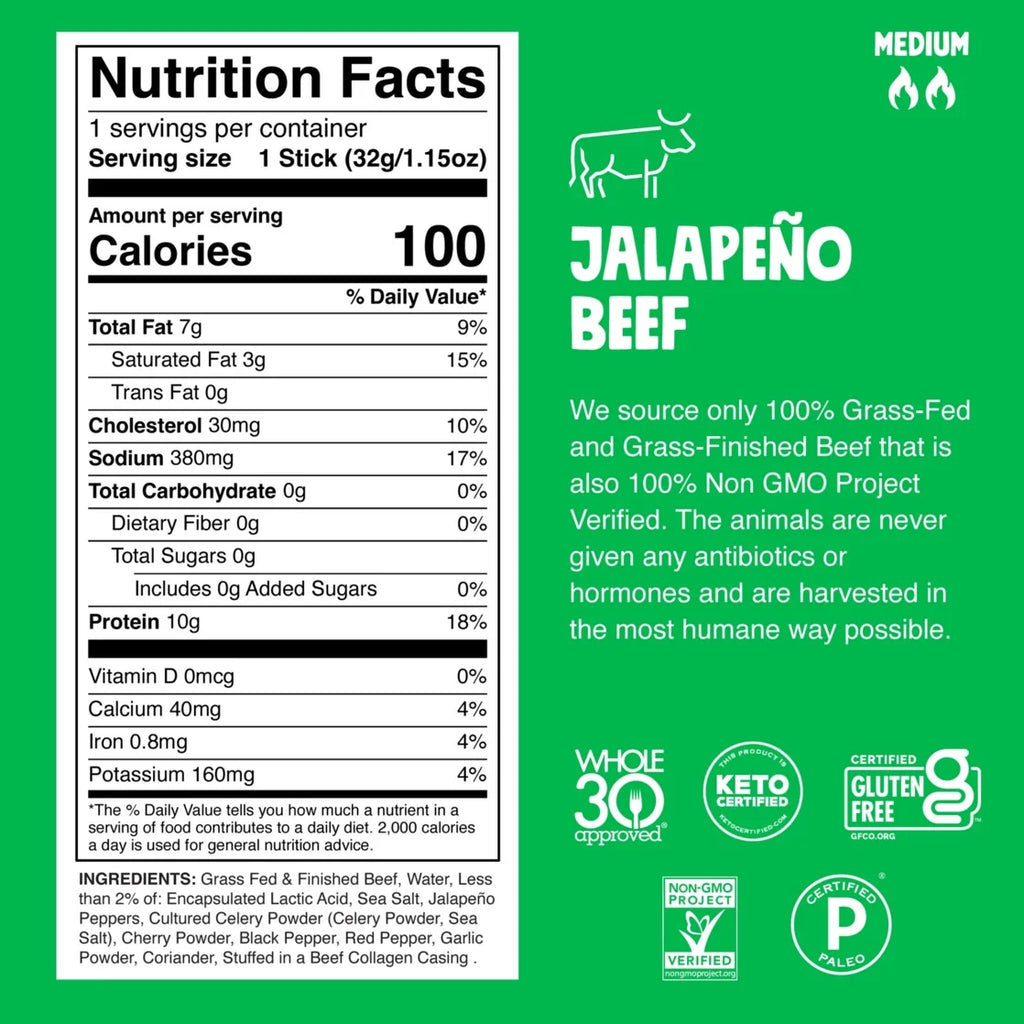 Chomps Grass-Fed and Finished Jalapeño Beef Jerky Snack Sticks, 10g of Protein, 8 Count - 4 pack