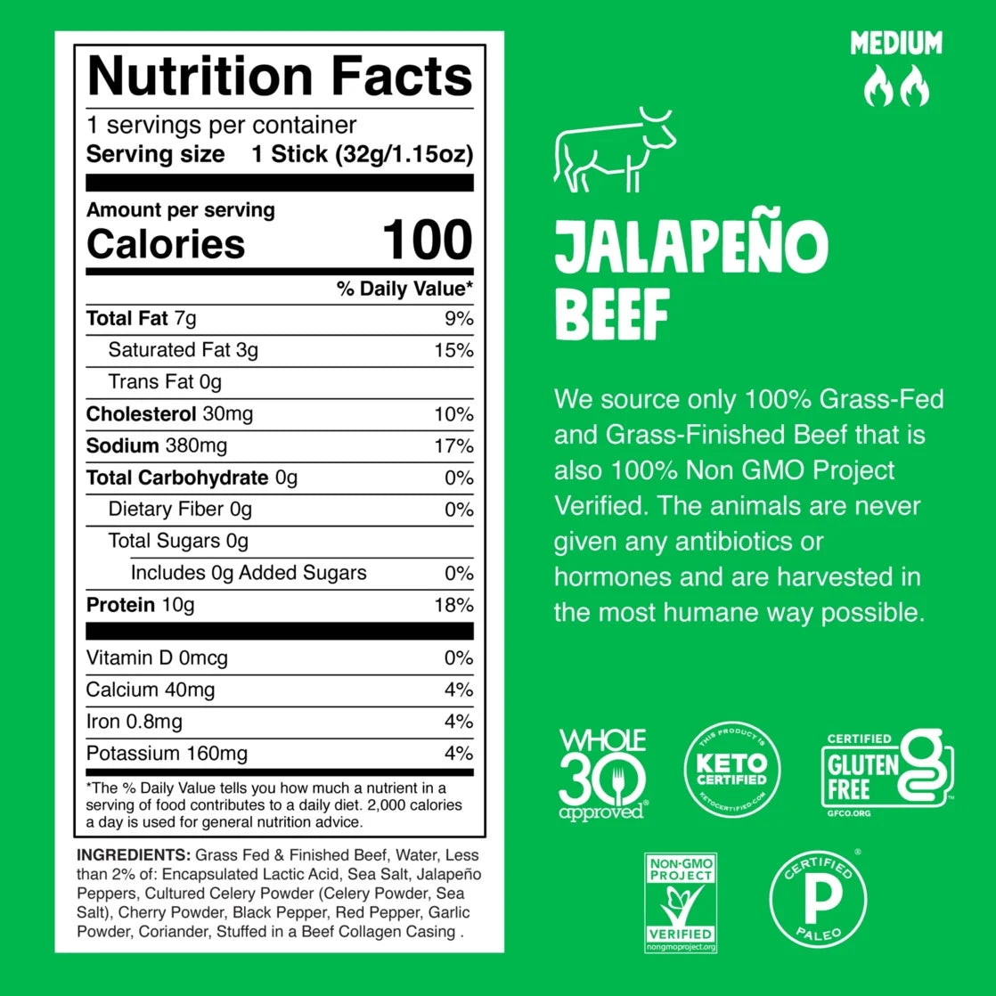 Chomps Grass-Fed and Finished Jalapeño Beef Jerky Snack Sticks, 10g of Protein, 8 Count - 4 pack