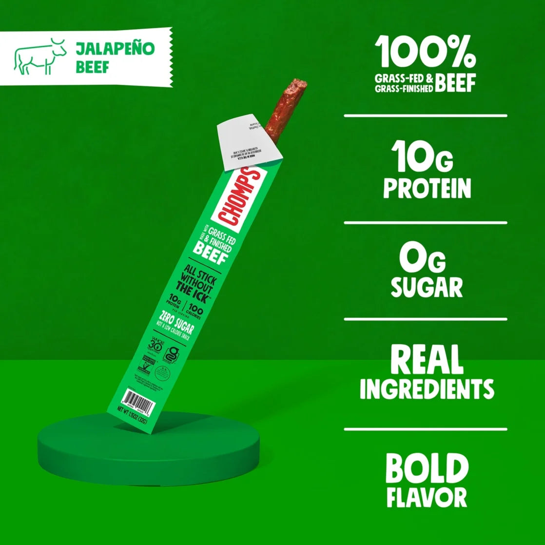 Chomps Grass-Fed and Finished Jalapeño Beef Jerky Snack Sticks, 10g of Protein, 8 Count - 4 pack