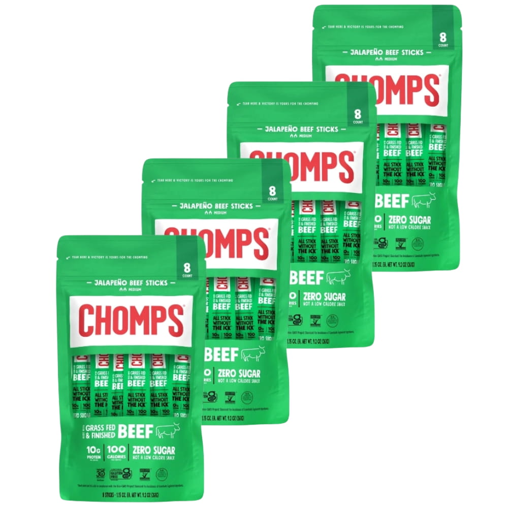 Chomps Grass-Fed and Finished Jalapeño Beef Jerky Snack Sticks, 10g of Protein - 4 pack