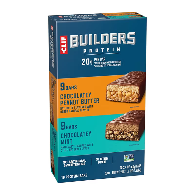 Clif Bar Builders Protein Bar Chocolate Mint and Chocolate Peanut Butter, 20g Protein, 18 ct./2.4 oz.