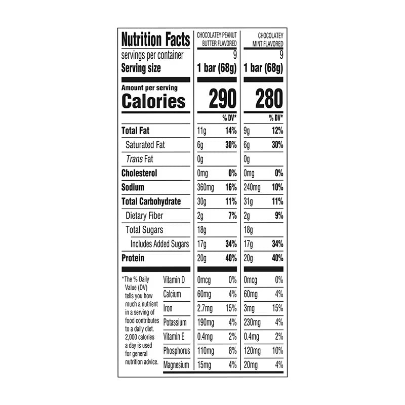 Clif Bar Builders Protein Bar Chocolate Mint and Chocolate Peanut Butter, 20g Protein, 18 ct./2.4 oz., Nutrition Facts