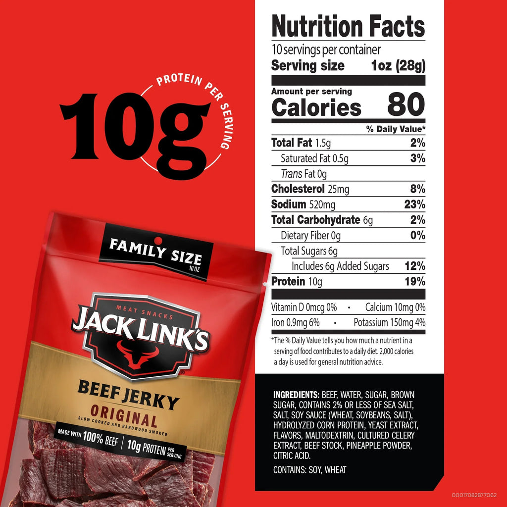 Jack Link’s Beef Jerky Original, Made with 100% Beef 10g of Protein, 10 oz