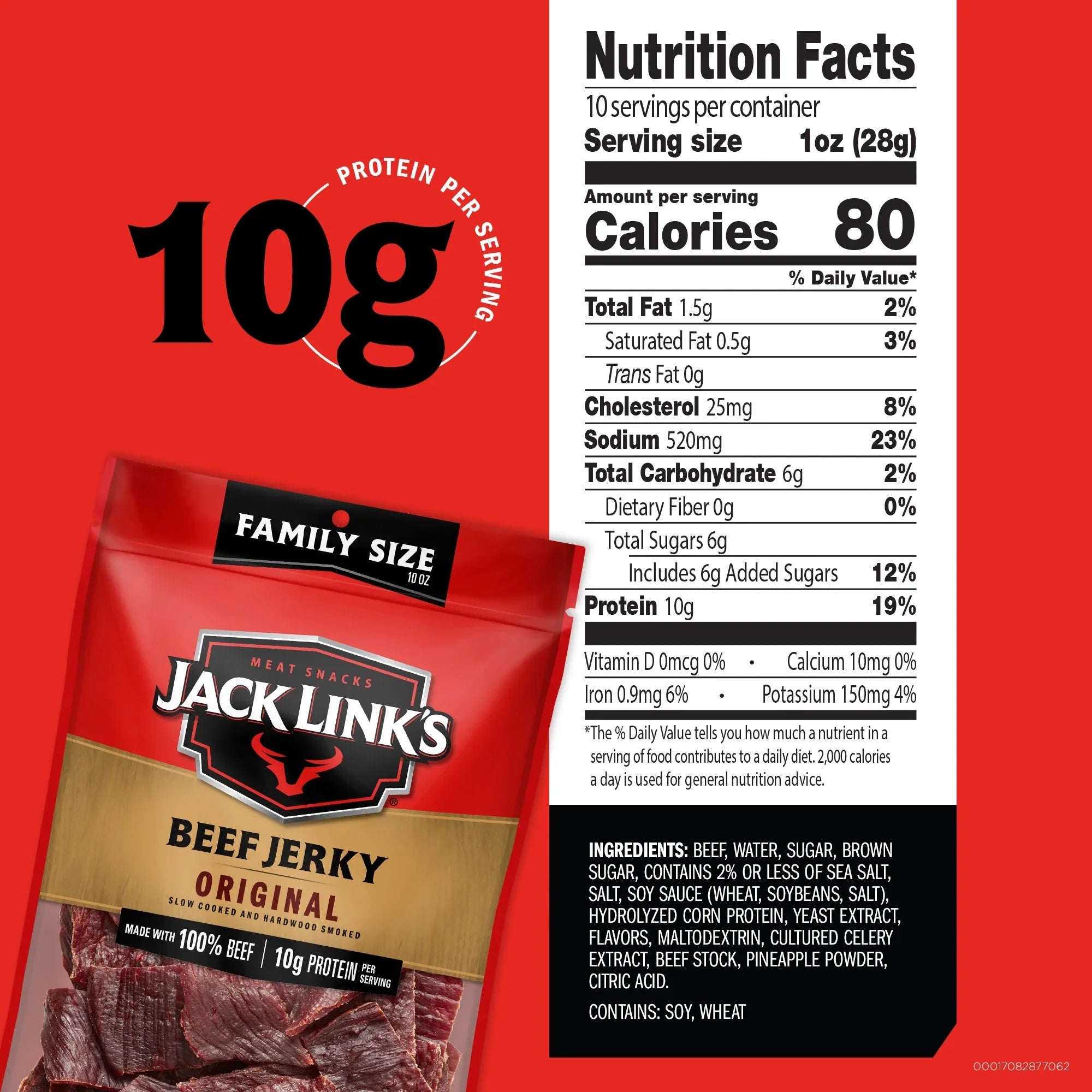 Jack Link’s Beef Jerky Original, Made with 100% Beef 10g of Protein, 10 oz