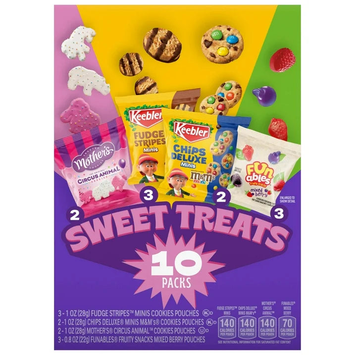 Keebler Sweet Treat Variety Pack, 10-Count Box, Includes Chips Deluxe, Funables, Fudge Stripes, and Mother's Circus Animal Cookies, 9.4 oz