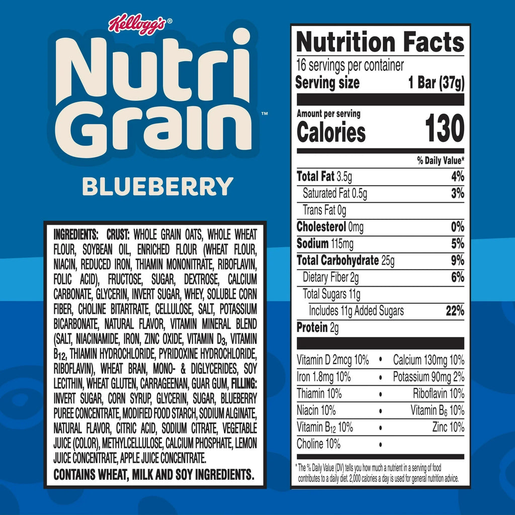 Kellogg's Nutri-Grain Blueberry Chewy Breakfast Bars, Made with 10g Whole Grains, 16 Count 20.8 oz