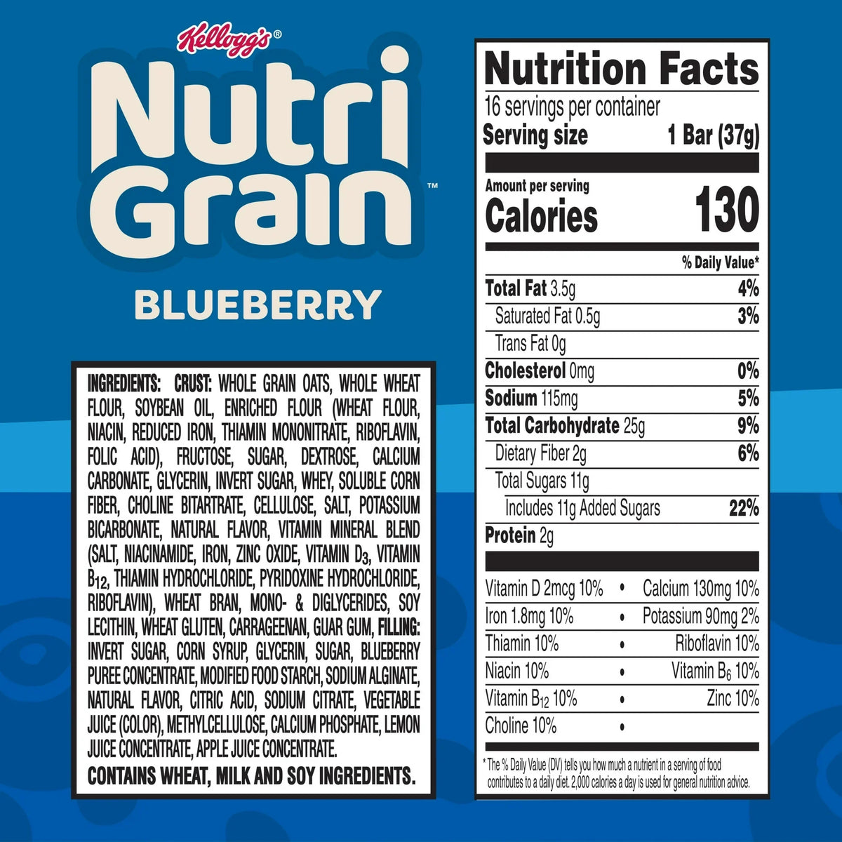 Kellogg's Nutri-Grain Blueberry Chewy Breakfast Bars, Made with 10g Whole Grains, 16 Count 20.8 oz