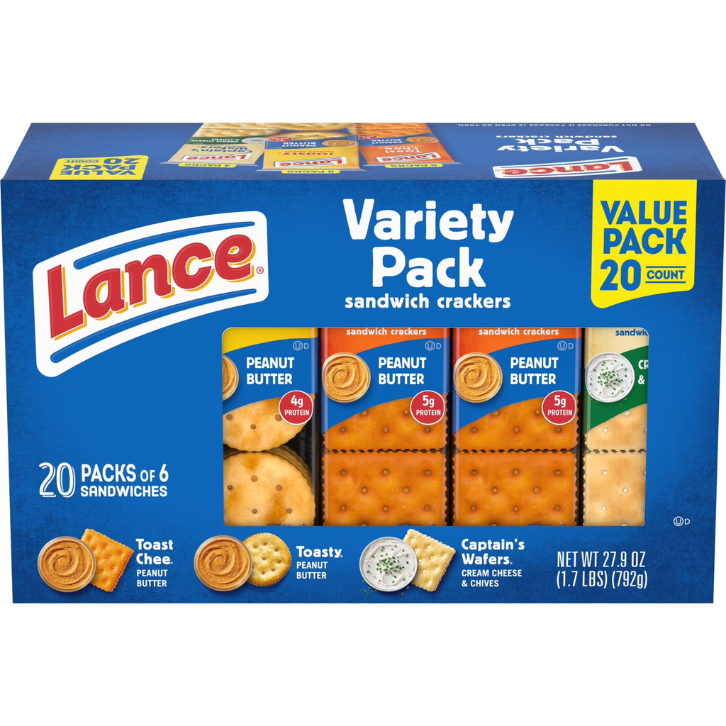 Lance Sandwich Crackers Variety Pack, 3 Flavors, 20 Individually Wrapped Packs, 6 Sandwiches Each, 27.9 oz