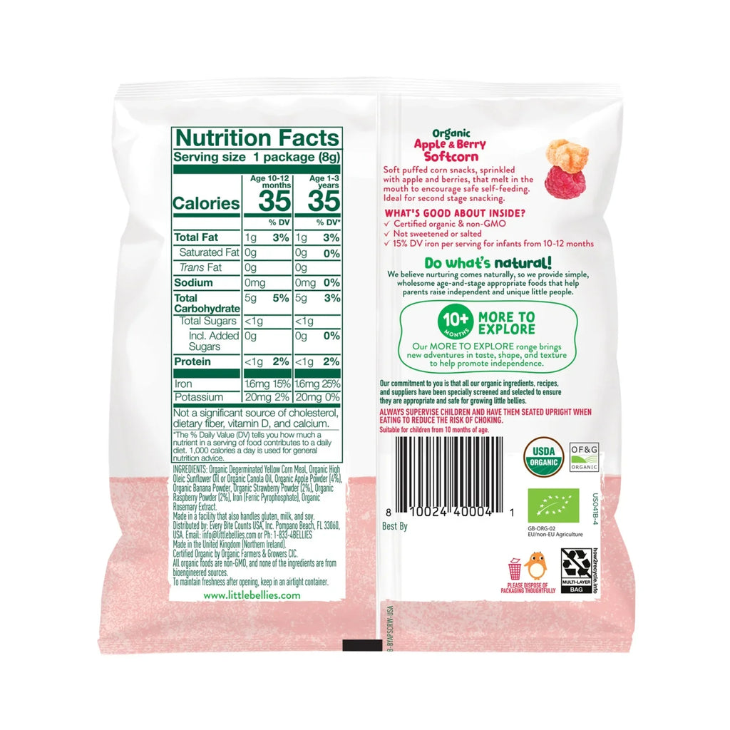 Little Bellies Organic Apple & Berry Softcorn Puffed Corn Snack for Baby & Toddler, Age 10+ Months, 0.28 oz Back