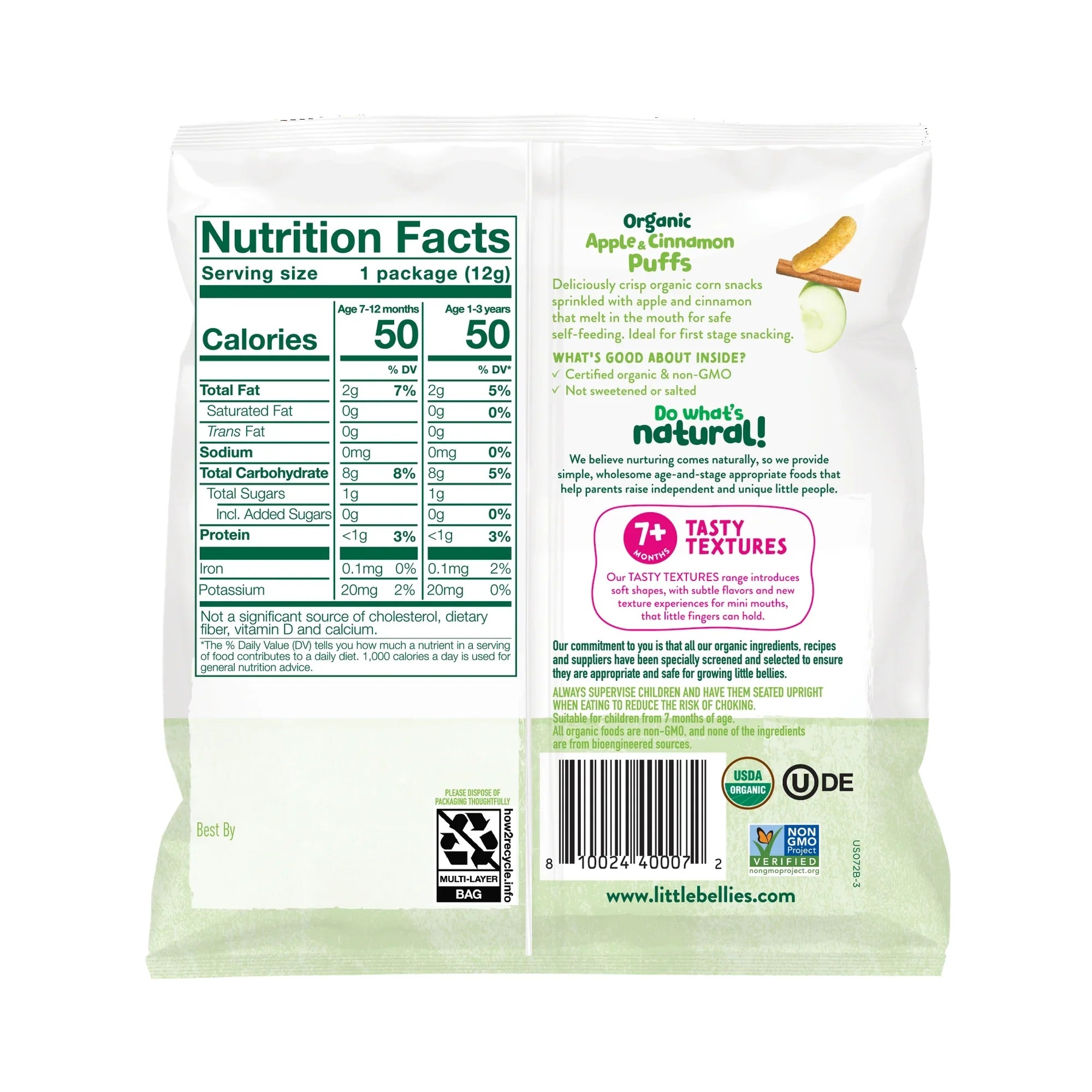 Little Bellies Organic Apple and Cinnamon Puffed Corn Snack, 0.42 oz Back