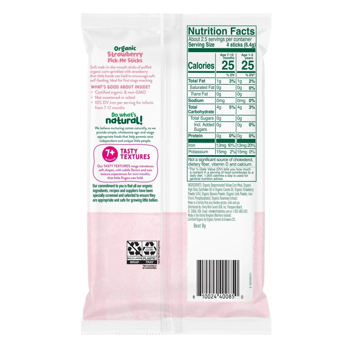 Little Bellies Organic Strawberry Pick-Me Sticks Puff Snack, 0.56 oz Back