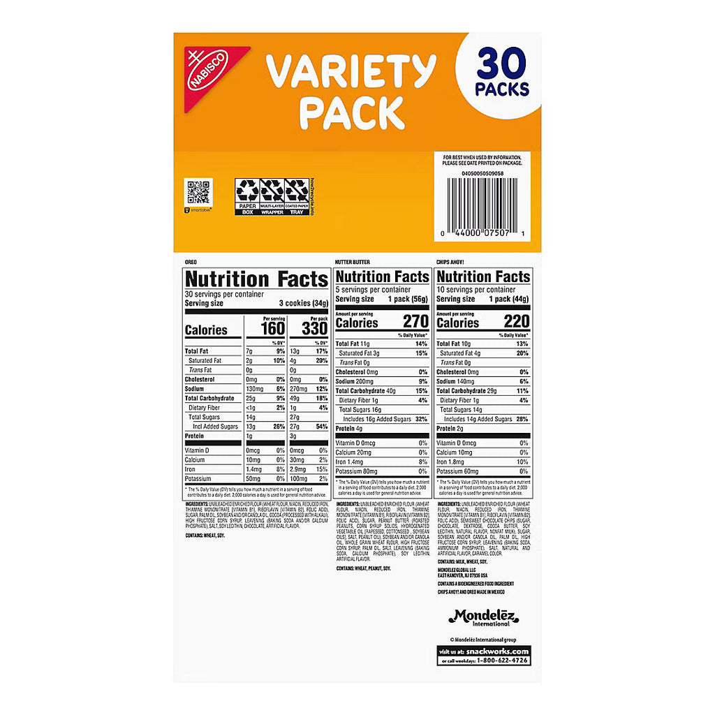 Nabisco Cookie Variety Pack, OREO, Nutter Butter, Chips Ahoy!, Snack Packs, 30 pk.