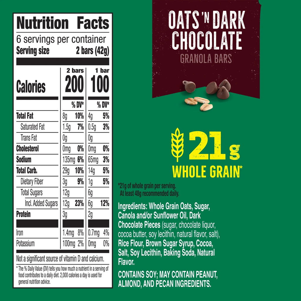 Nature Valley Crunchy Granola Bars, Oats 'n Dark Chocolate, 12 Count, (6 Pouches), 8.94 oz
