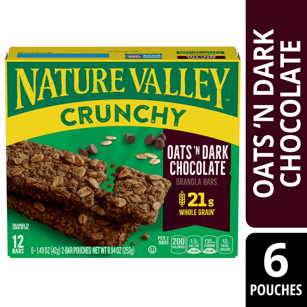 Nature Valley Crunchy Granola Bars, Oats 'n Dark Chocolate, 12 Count, (6 Pouches), 8.94 oz