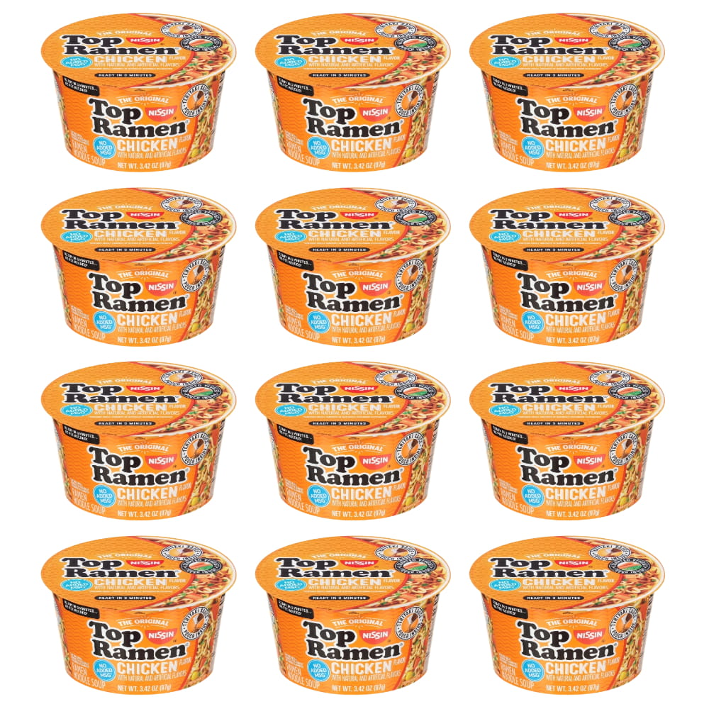 Nissin Top Ramen Chicken Instant Noodle Soup, 3.42 oz Bowl - 12 Pack