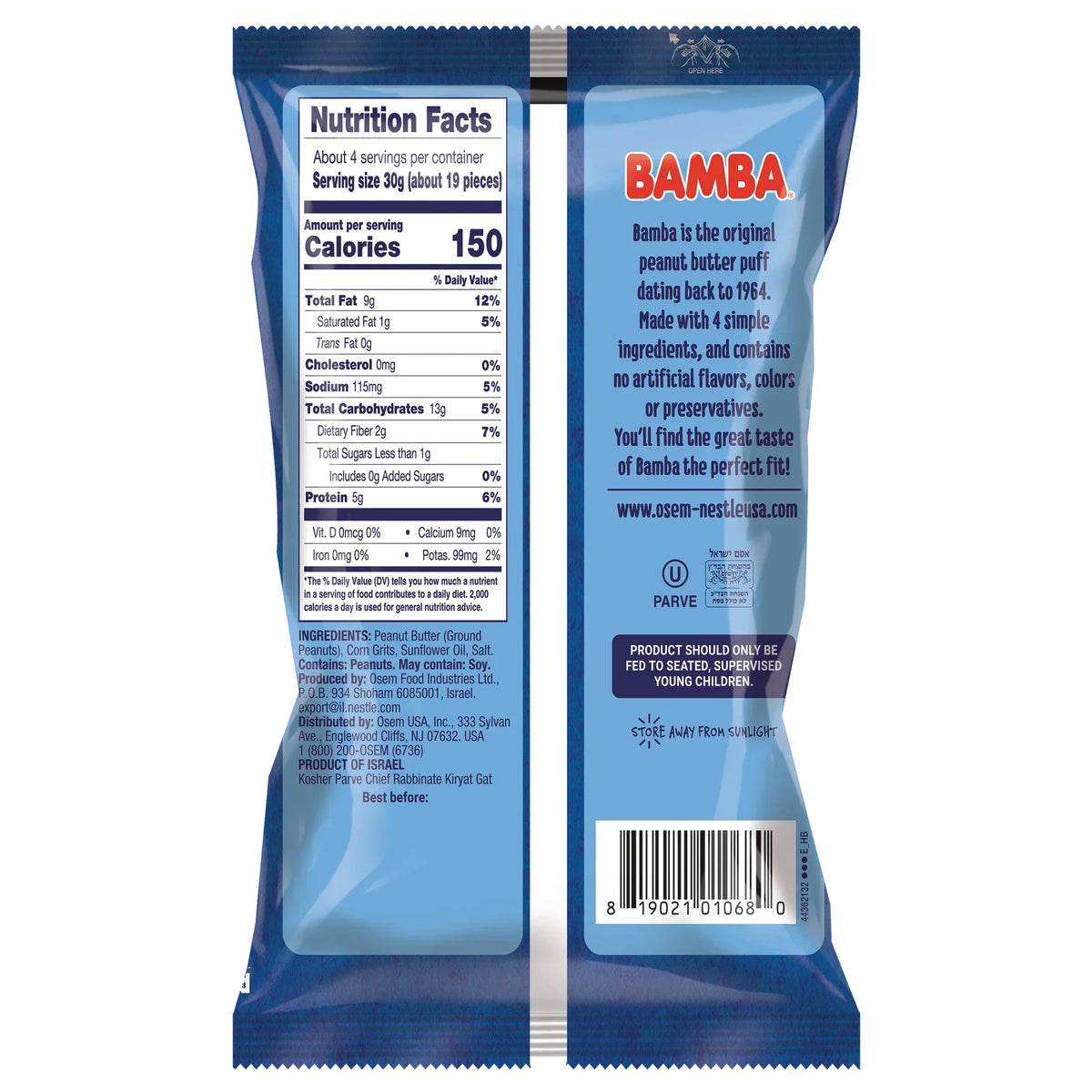 Osem Bamba Peanut Butter Puffs Suns, 4 oz Back