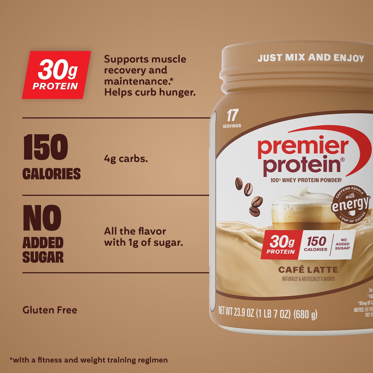 Premier Protein 100% Whey Protein Powder, Café Latte, 30g Protein, 23.9 oz