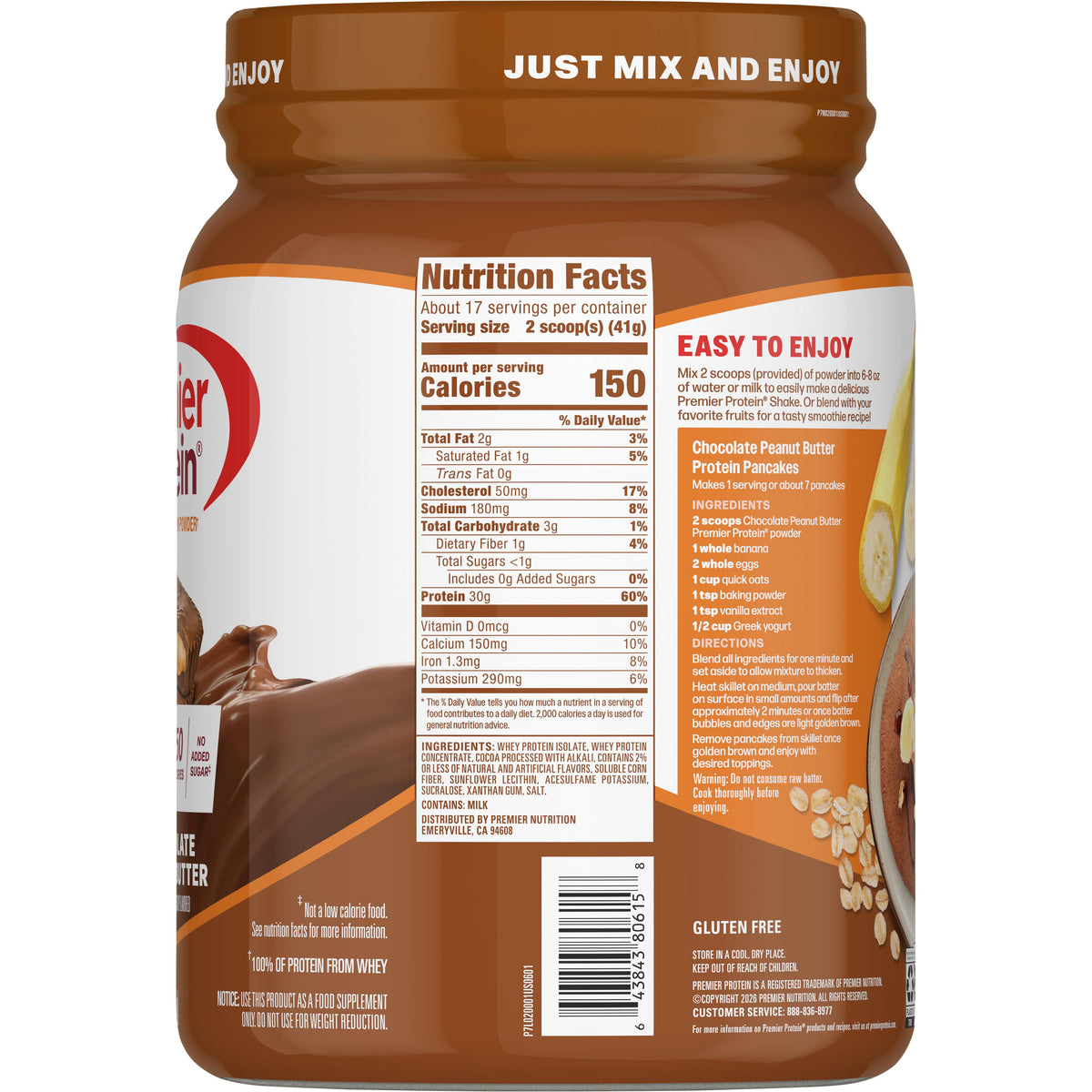 Premier Protein 100% Whey Protein Powder, Chocolate Peanut Butter, 30g Protein, 24.6 oz