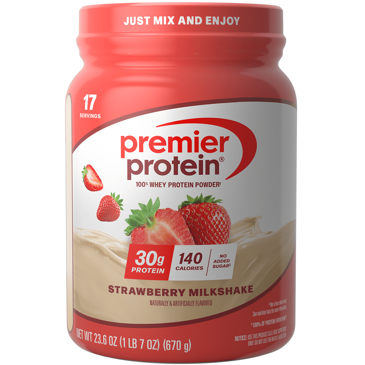 Premier Protein 100% Whey Protein Powder, Strawberry Milkshake, 30g Protein, 23.6 oz