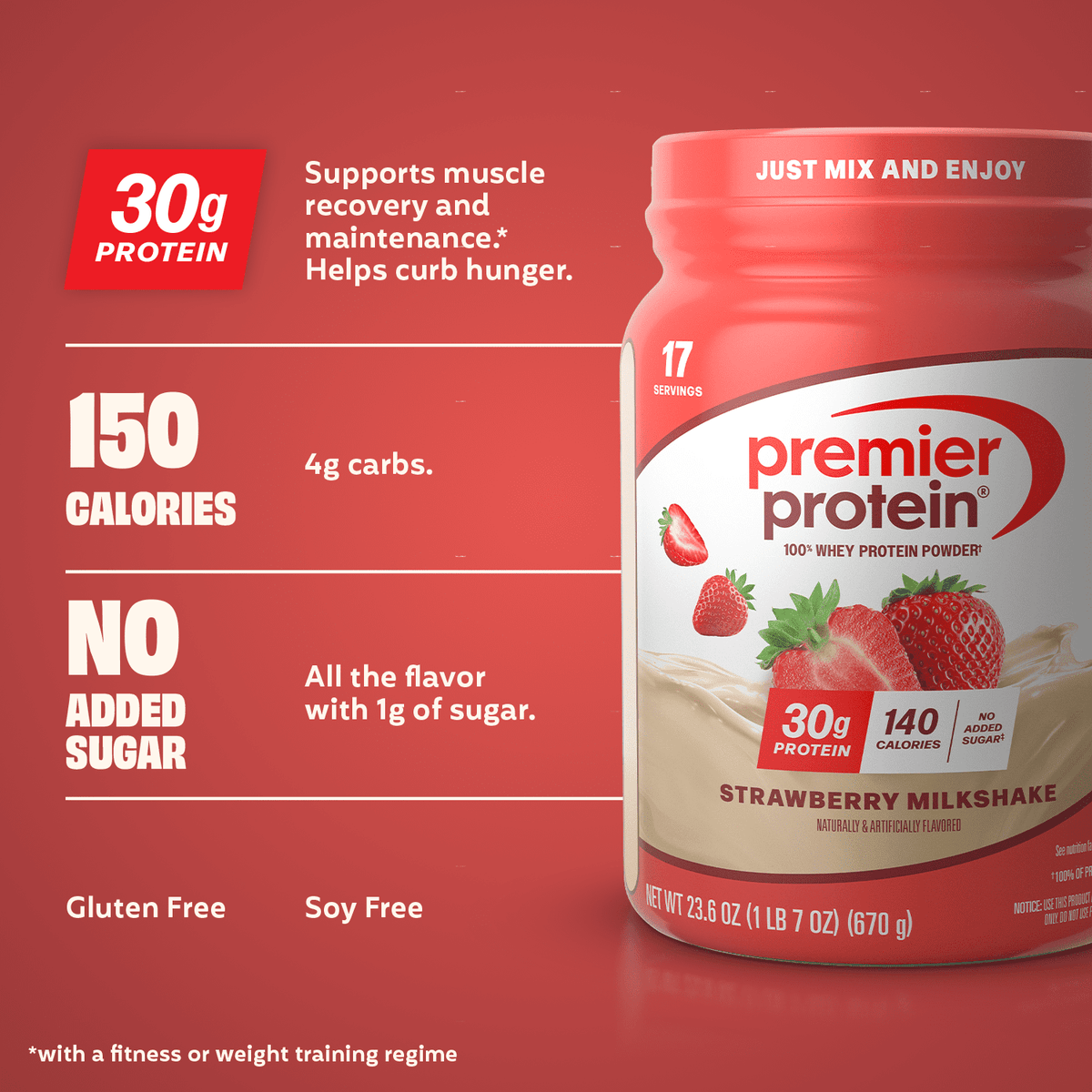 Premier Protein 100% Whey Protein Powder, Strawberry Milkshake, 30g Protein, 23.6 oz