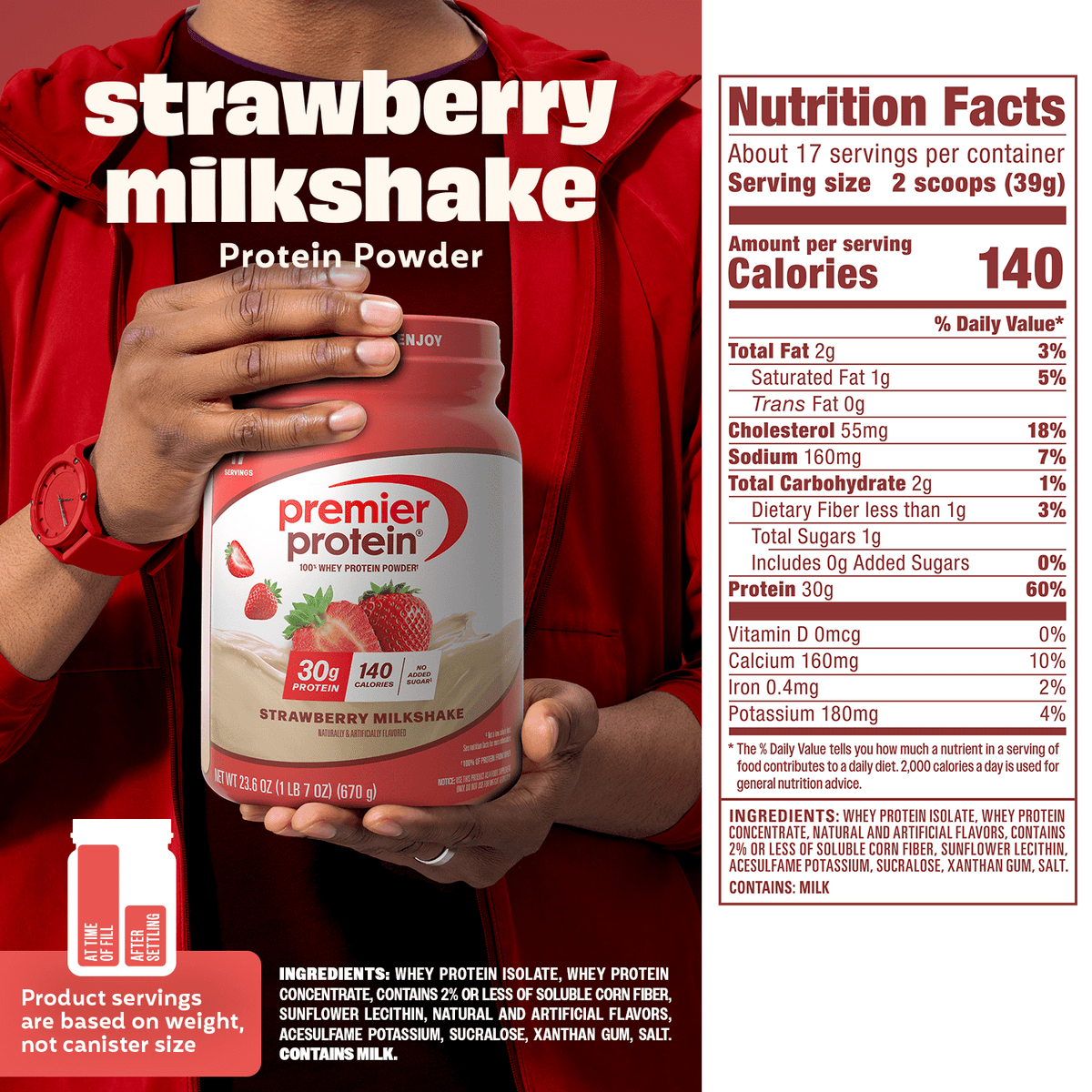 Premier Protein 100% Whey Protein Powder, Strawberry Milkshake, 30g Protein, 23.6 oz