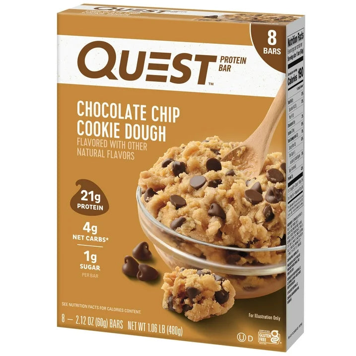 Quest Chocolate Chip Cookie Dough Protein Bar, Gluten-Free, 8 Bars
