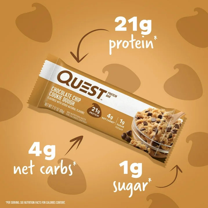 Quest Chocolate Chip Cookie Dough Protein Bar, Gluten-Free, 8 Bars