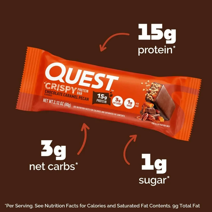 Quest Crispy Chocolate Caramel Pecan Protein Bars Low Carb Keto, 4 Bars