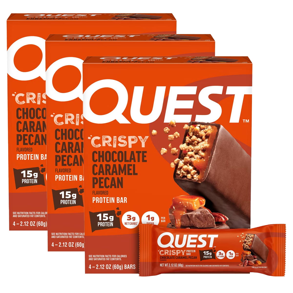 Quest Crispy Chocolate Caramel Pecan Protein Bars Low Carb Keto, 4 Bars - 3 Pack