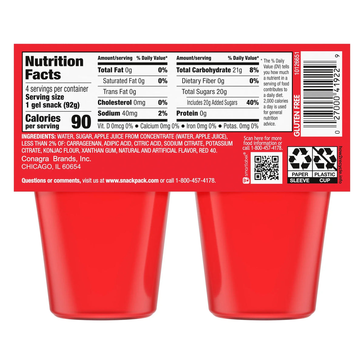 Snack Pack Strawberry Flavored Juicy Gels, Snack Cups, 3.25 oz, 4 Count