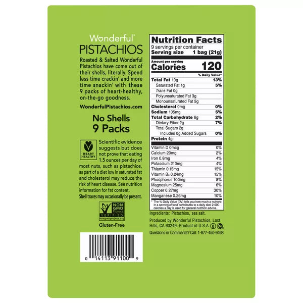 Wonderful Pistachios No Shells Roasted & Salted Multipack, 6.75oz/9ct.